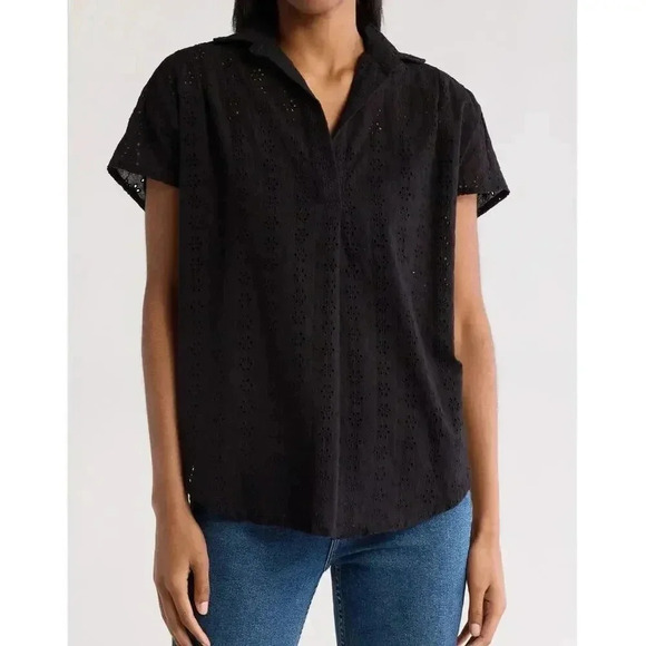 French Connection Women's Carmen Crepe Bell Sleeve Rhodes Eyelet Black Size 2 - Picture 1 of 12